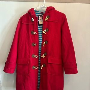 Mini-Boden Girls Red Wool Toggle Coat with Blue Striped Lining
